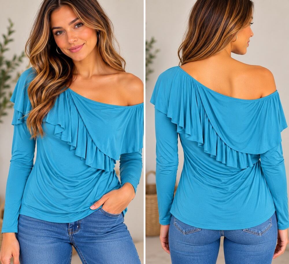 Bold Elements Womens XL Teal Asymmetrical One Shoulder Ruffle Long Sleeve Top